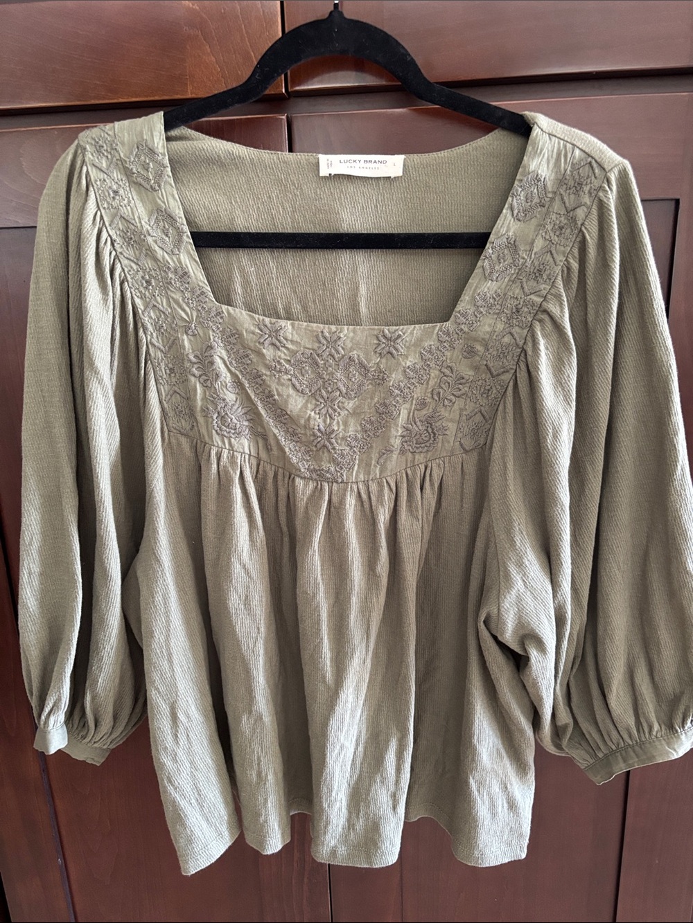 Lucky Brand Olive Green Embroidered Peasant Tunic